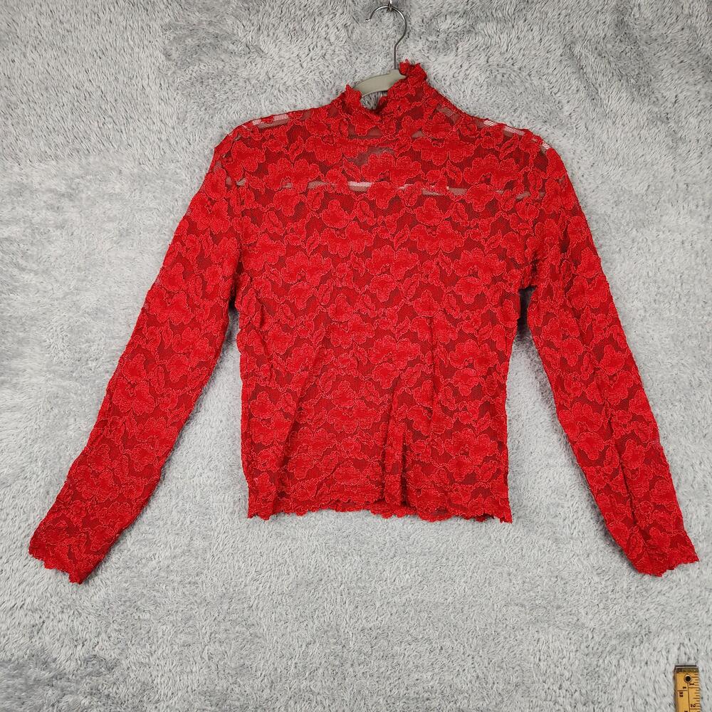 Vintage Hanky Panky Blouse Womens Large Red Lace Sheer Romantic 90s USA Sexy Top
